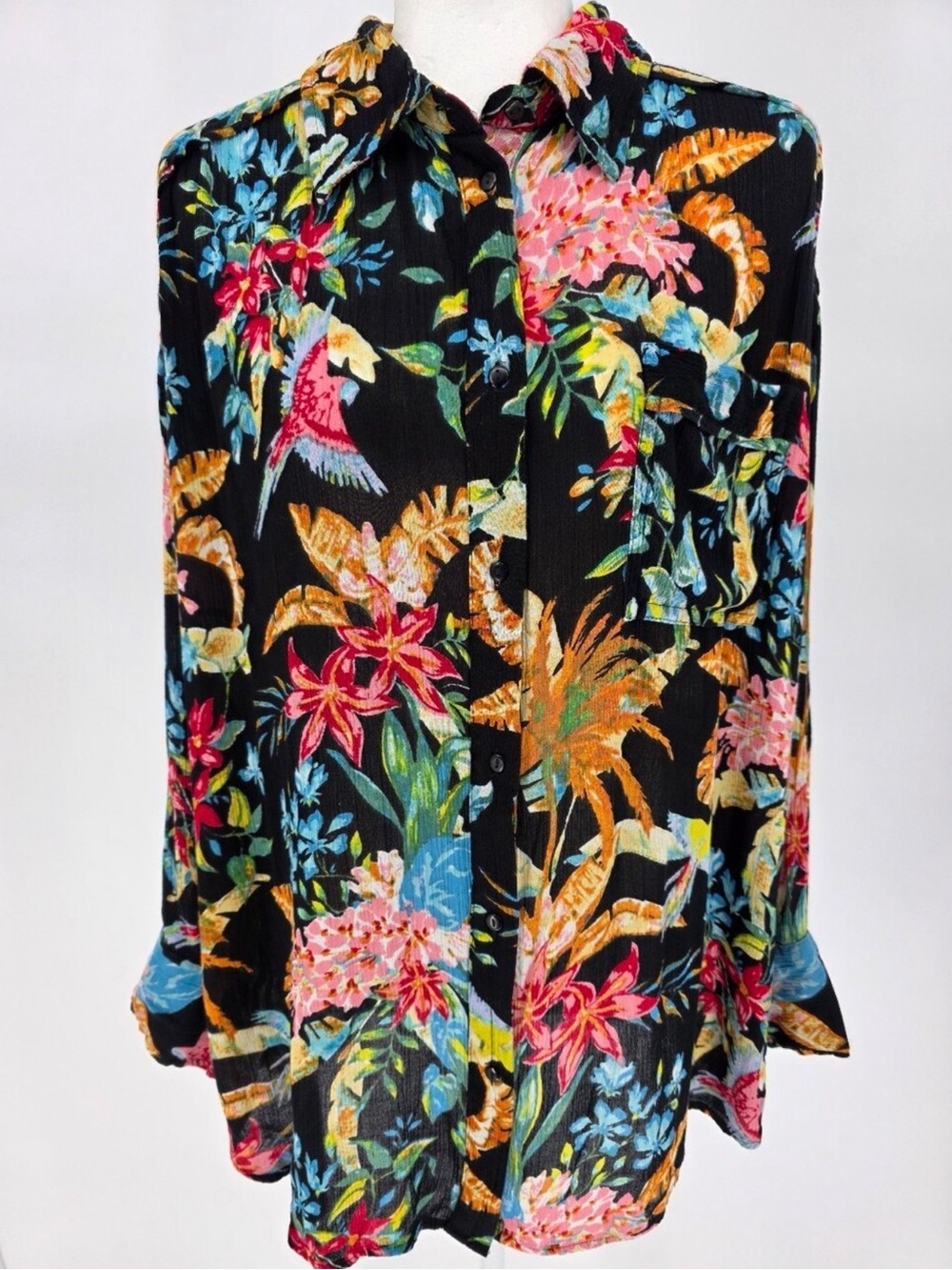 Elan Hawaiian Silky Blouse Woman’s Black Tropical Bird Button Down - Size Large